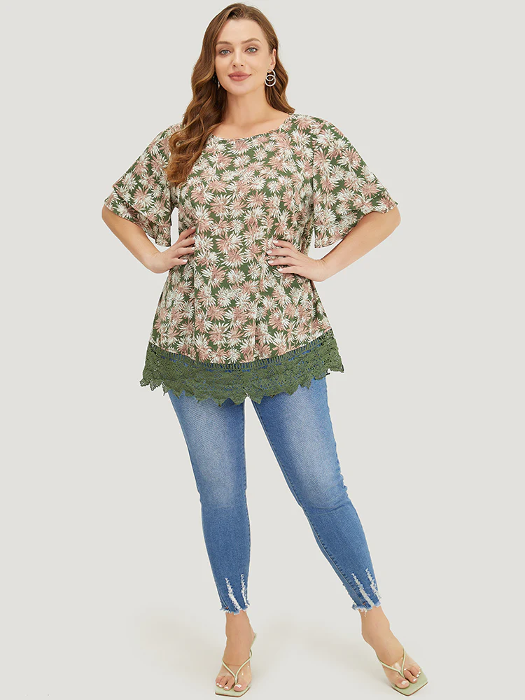 Plant Print Tiered Sleeve Lace Hem Blouse - Image 4