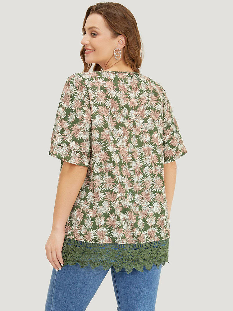 Plant Print Tiered Sleeve Lace Hem Blouse - Image 5