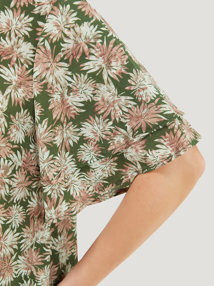 Plant Print Tiered Sleeve Lace Hem Blouse - Image 6