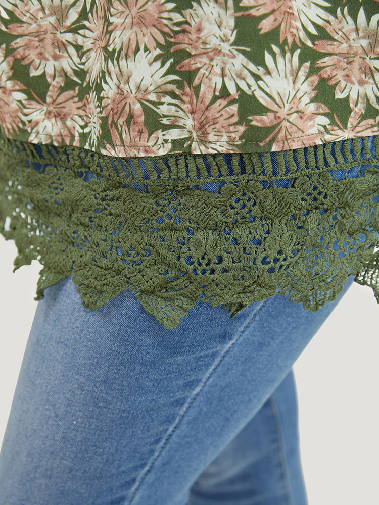 Plant Print Tiered Sleeve Lace Hem Blouse - Image 8