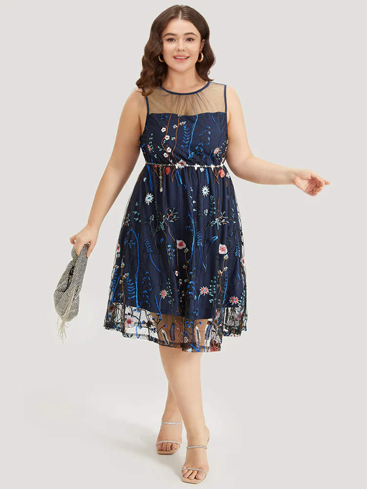 Plants Embroidered Mesh Patchwork Tank Dress - Image 2
