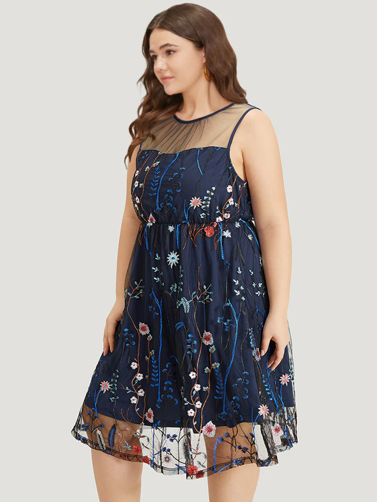 Plants Embroidered Mesh Patchwork Tank Dress - Image 3