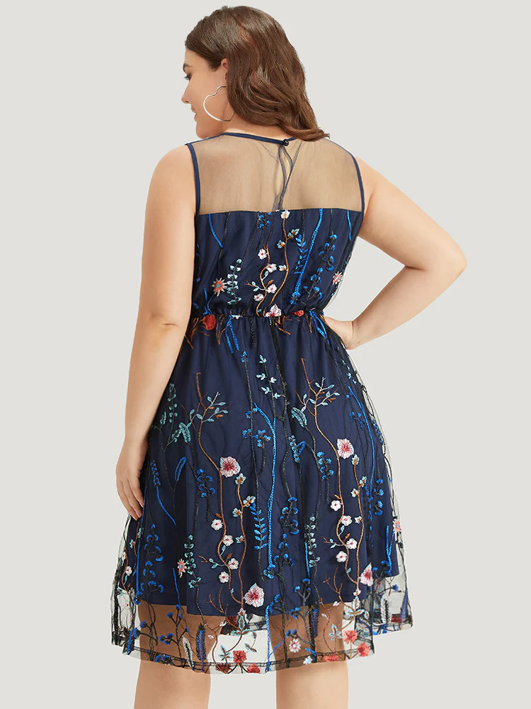 Plants Embroidered Mesh Patchwork Tank Dress - Image 4