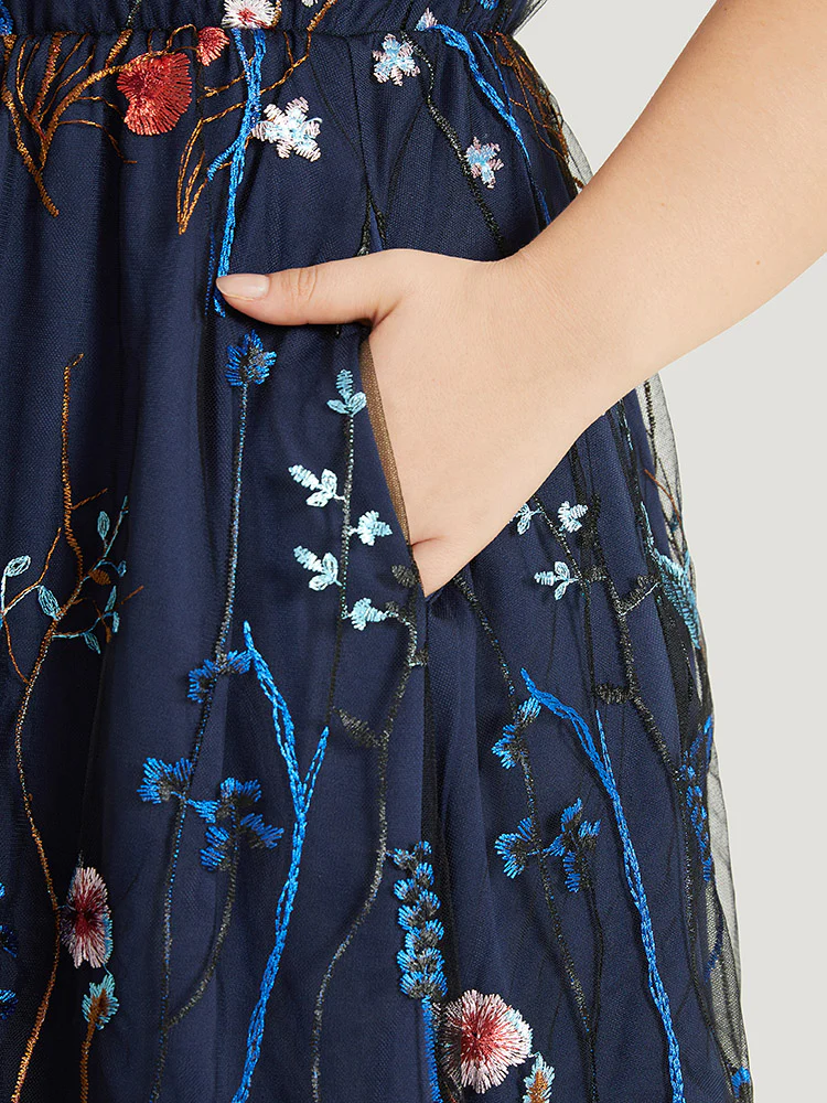 Plants Embroidered Mesh Patchwork Tank Dress - Image 7