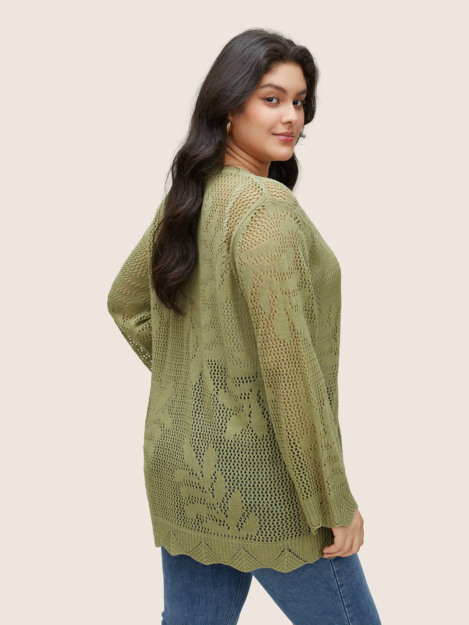 Plants Hollow Out Ties Scalloped Trim Cardigan - Image 2