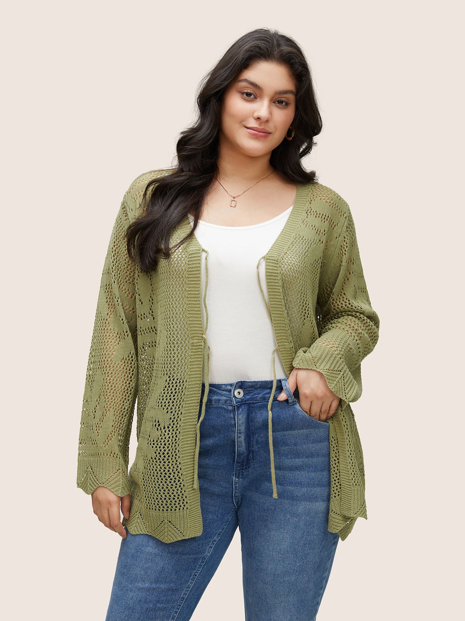 Plants Hollow Out Ties Scalloped Trim Cardigan - Image 3