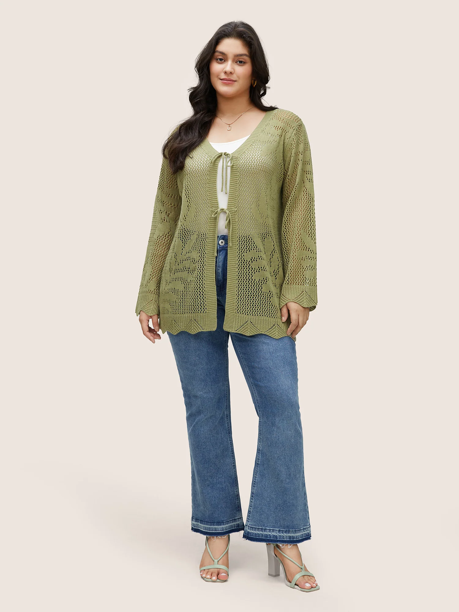 Plants Hollow Out Ties Scalloped Trim Cardigan - Image 4