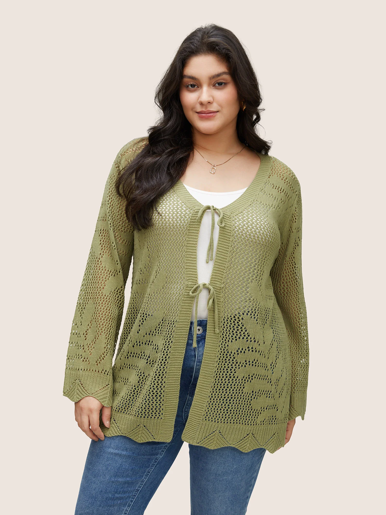 Plants Hollow Out Ties Scalloped Trim Cardigan - Image 5