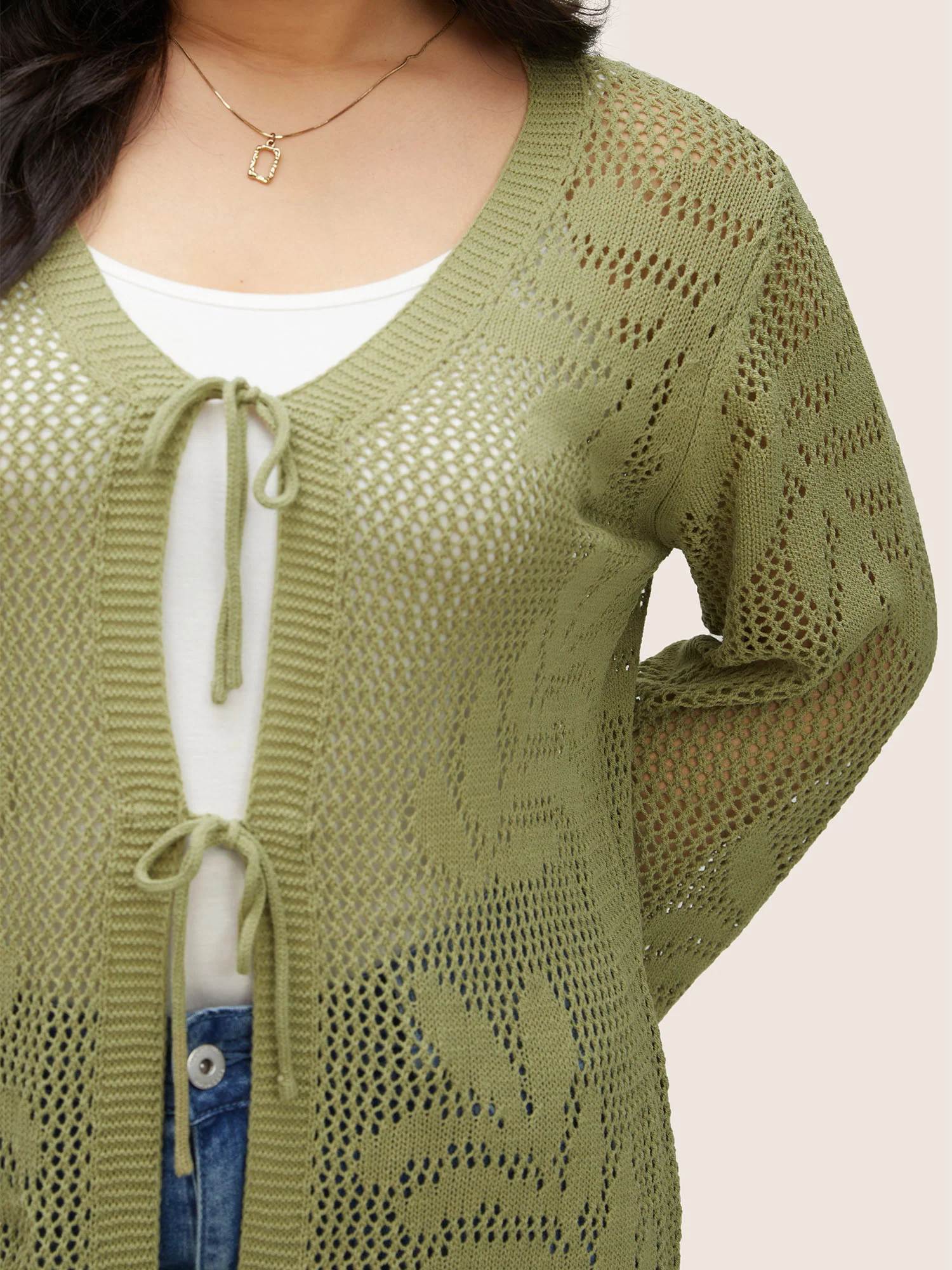 Plants Hollow Out Ties Scalloped Trim Cardigan - Image 6