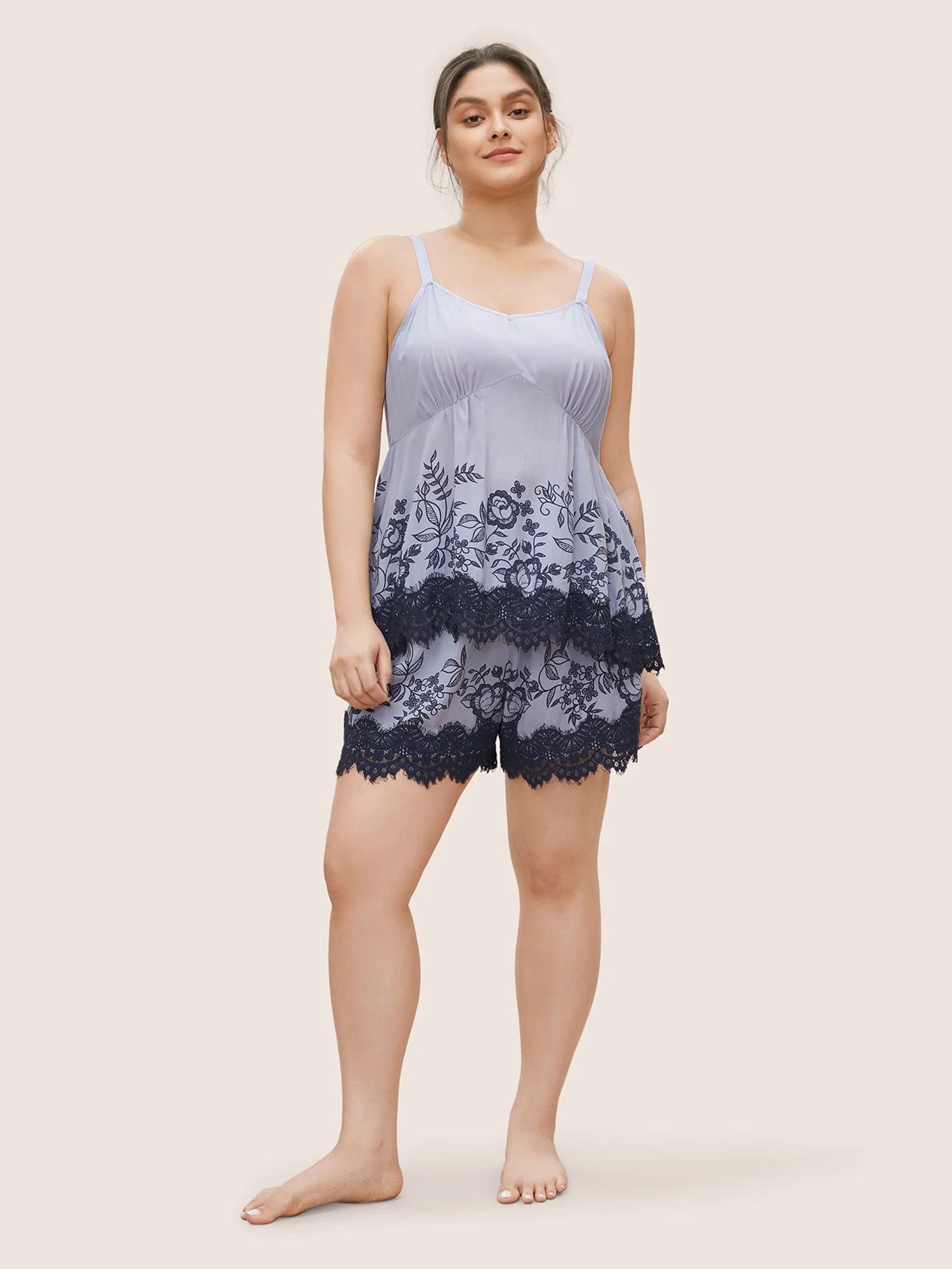 Floral Contrast Lace Panel Adjustable Pajama Top - Image 4