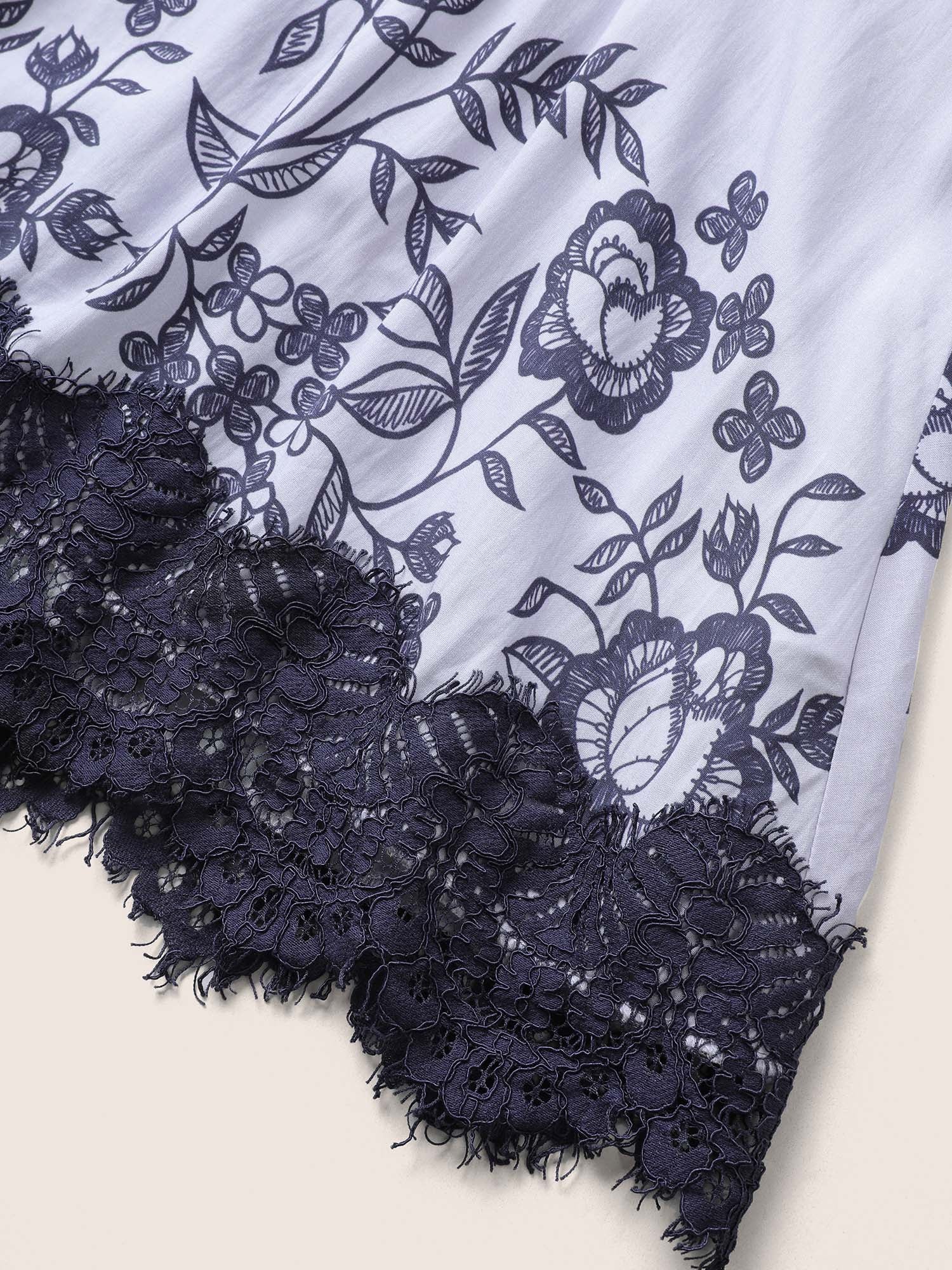 Floral Contrast Lace Panel Adjustable Pajama Top - Image 5