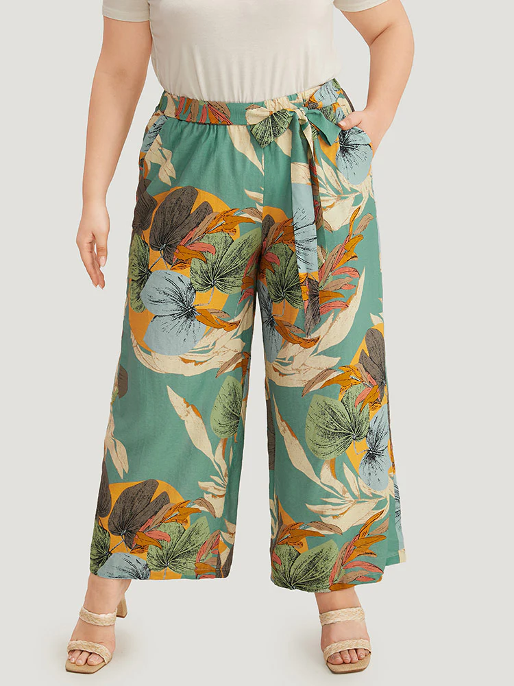 Plants Print Elastic Waist Ties Pants - Image 2