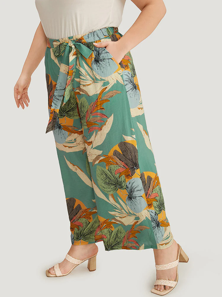 Plants Print Elastic Waist Ties Pants - Image 3