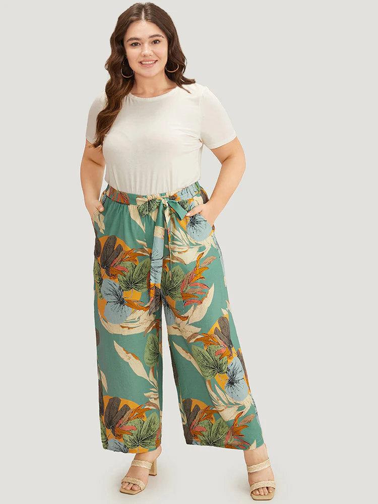 Plants Print Elastic Waist Ties Pants - Image 4