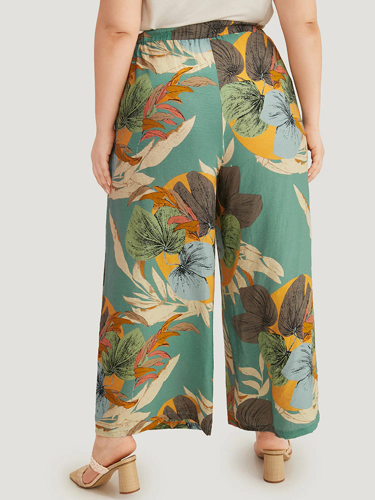 Plants Print Elastic Waist Ties Pants - Image 5