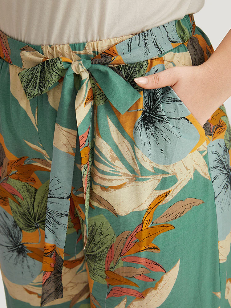 Plants Print Elastic Waist Ties Pants - Image 6