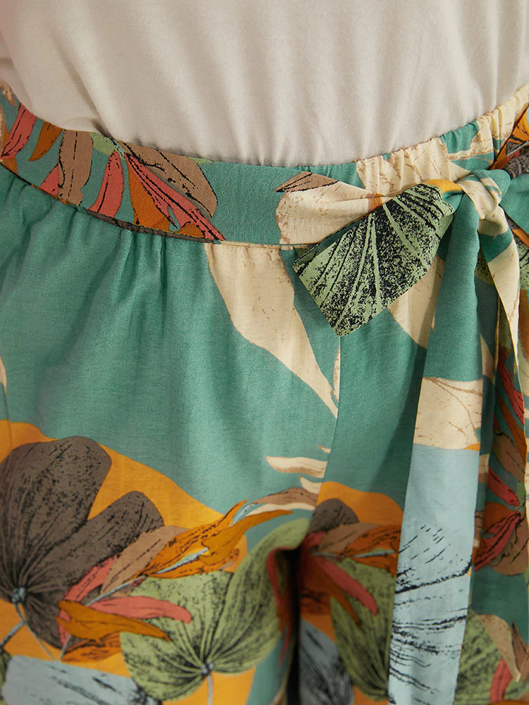 Plants Print Elastic Waist Ties Pants - Image 7