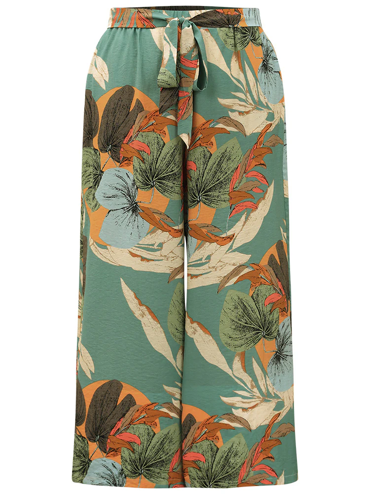 Plants Print Elastic Waist Ties Pants - Image 8