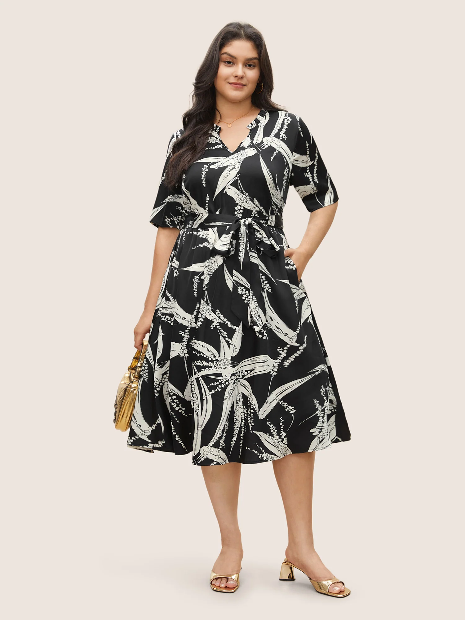 Plants Print Notched Belted Pocket Dress - Image 2