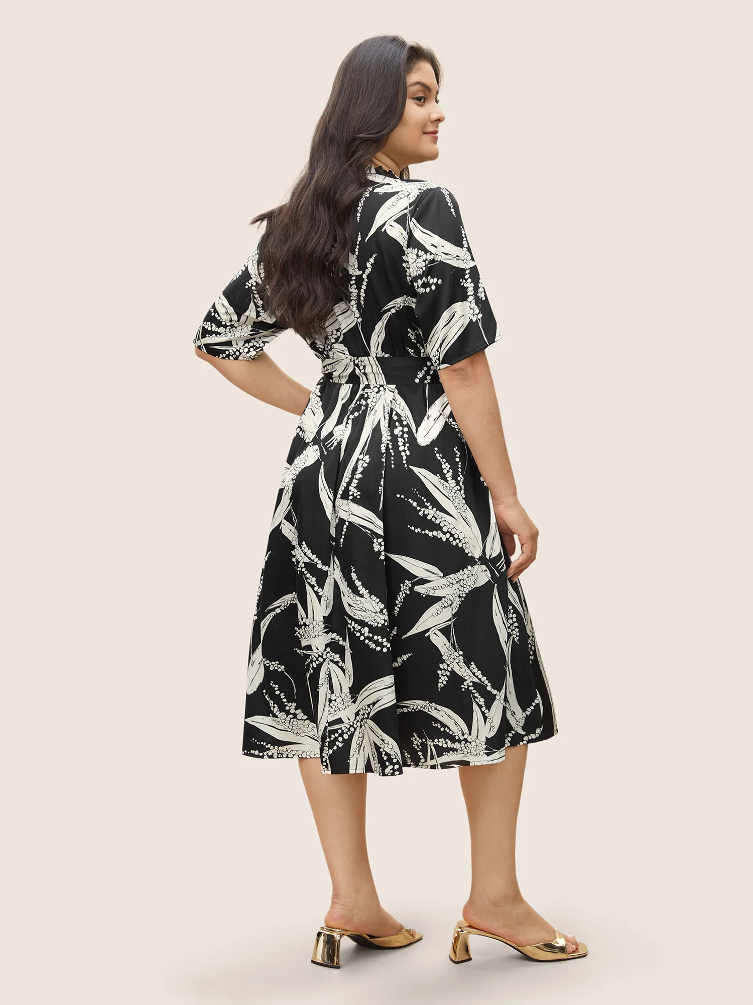 Plants Print Notched Belted Pocket Dress - Image 3