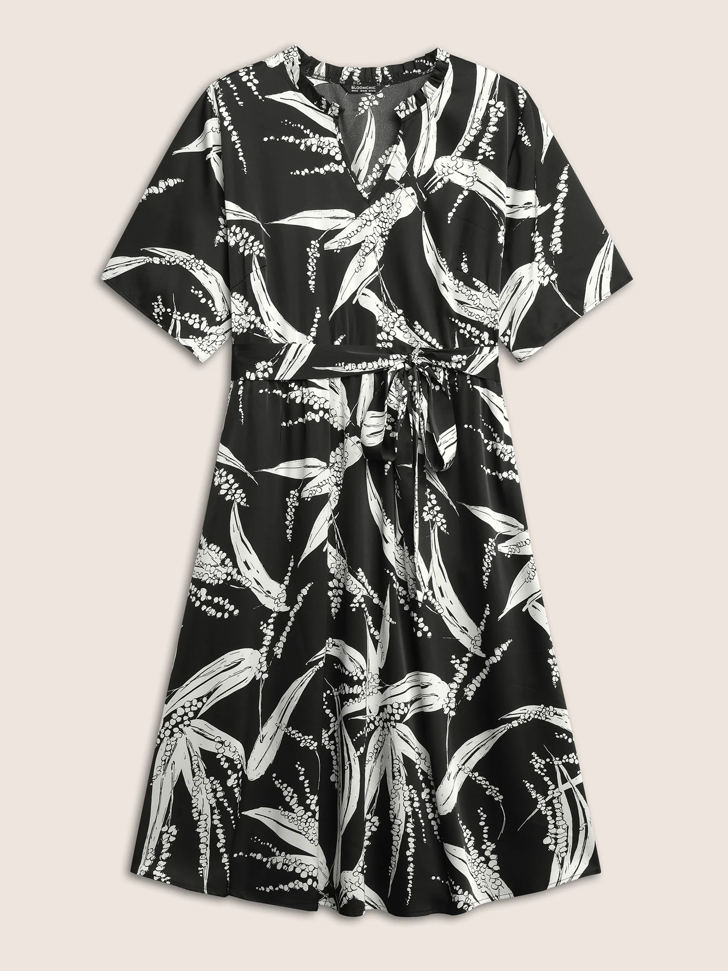 Plants Print Notched Belted Pocket Dress - Image 7