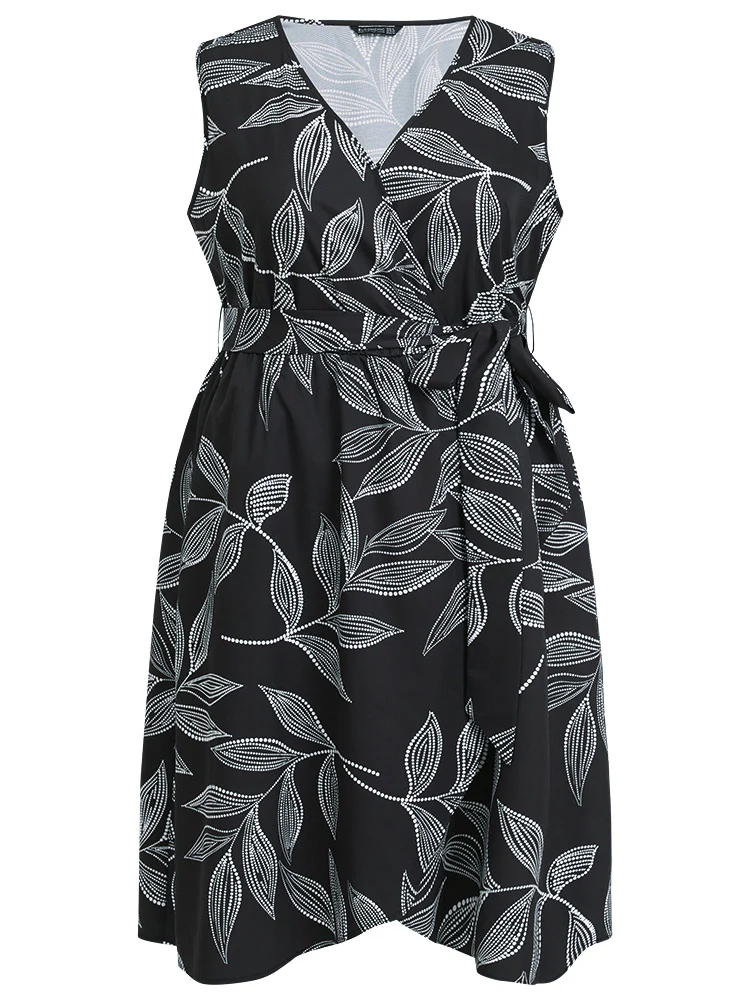 Plants Print Overlap Collar Belted Tank Dress - Image 10