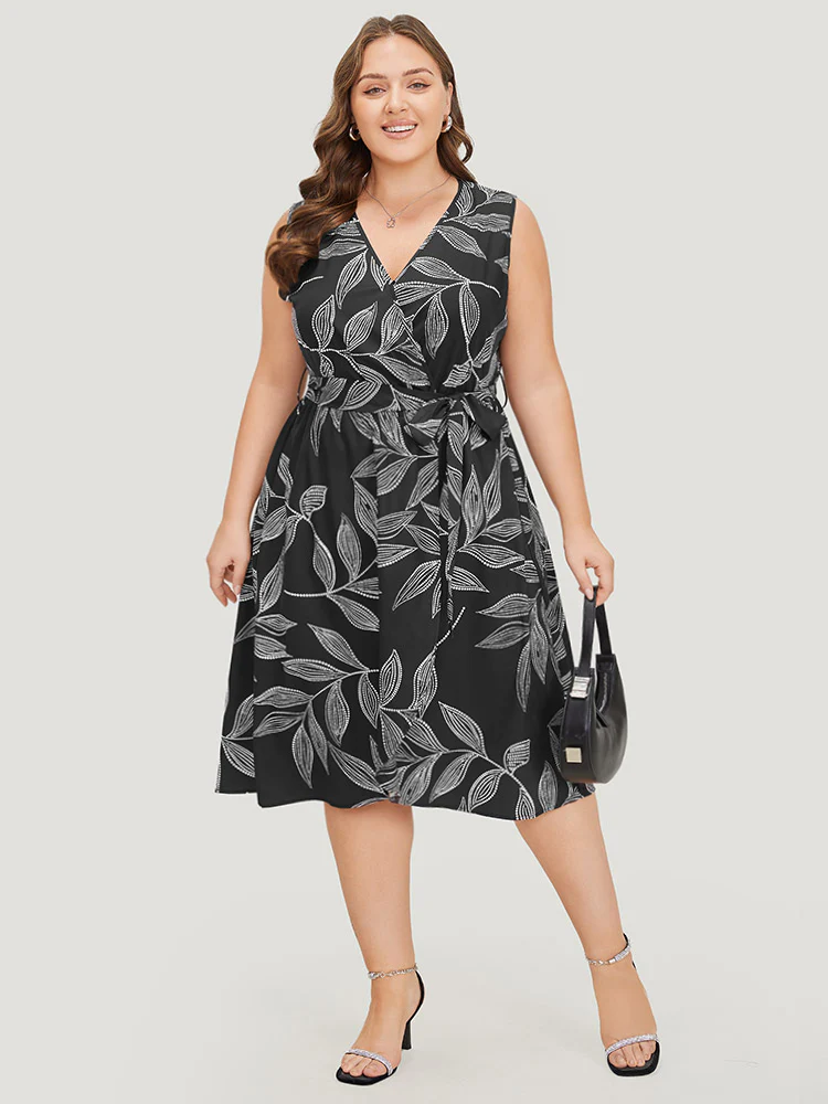 Plants Print Overlap Collar Belted Tank Dress - Image 4