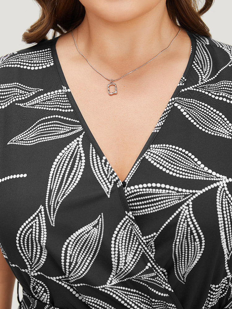 Plants Print Overlap Collar Belted Tank Dress - Image 7
