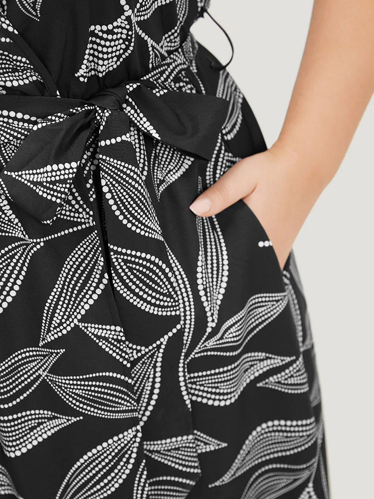 Plants Print Overlap Collar Belted Tank Dress - Image 9