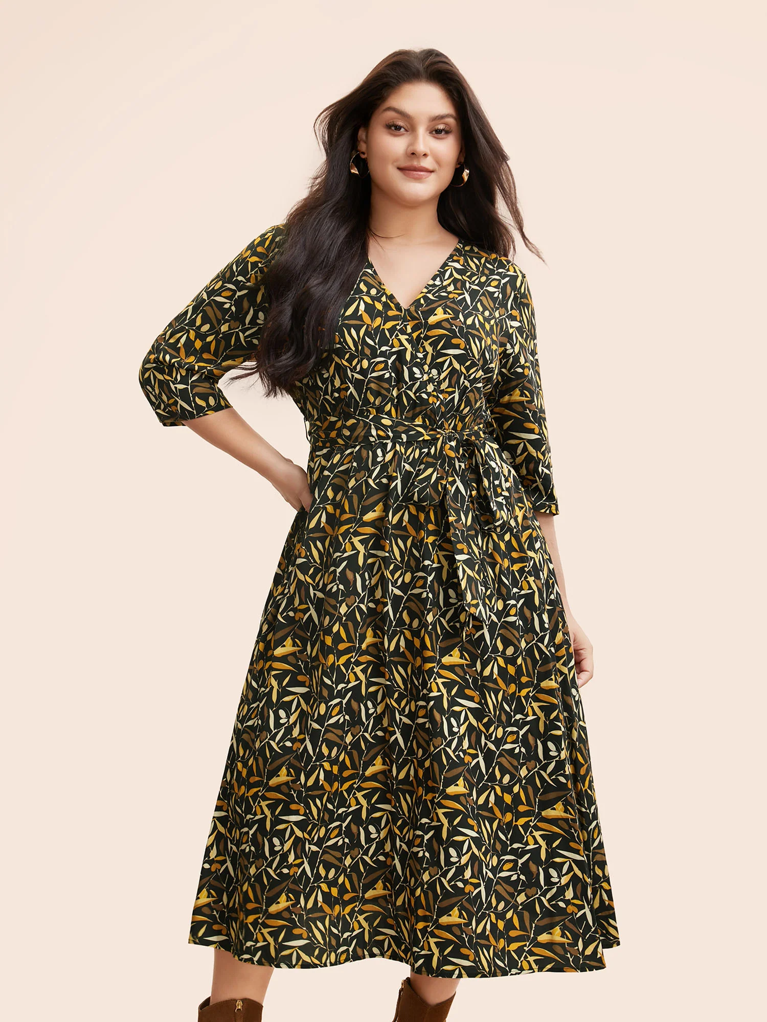 Plants Print Overlap Collar Midi Dress - Image 2