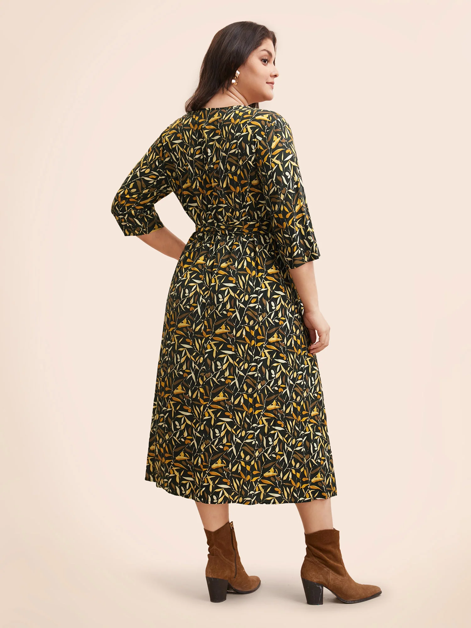 Plants Print Overlap Collar Midi Dress - Image 3