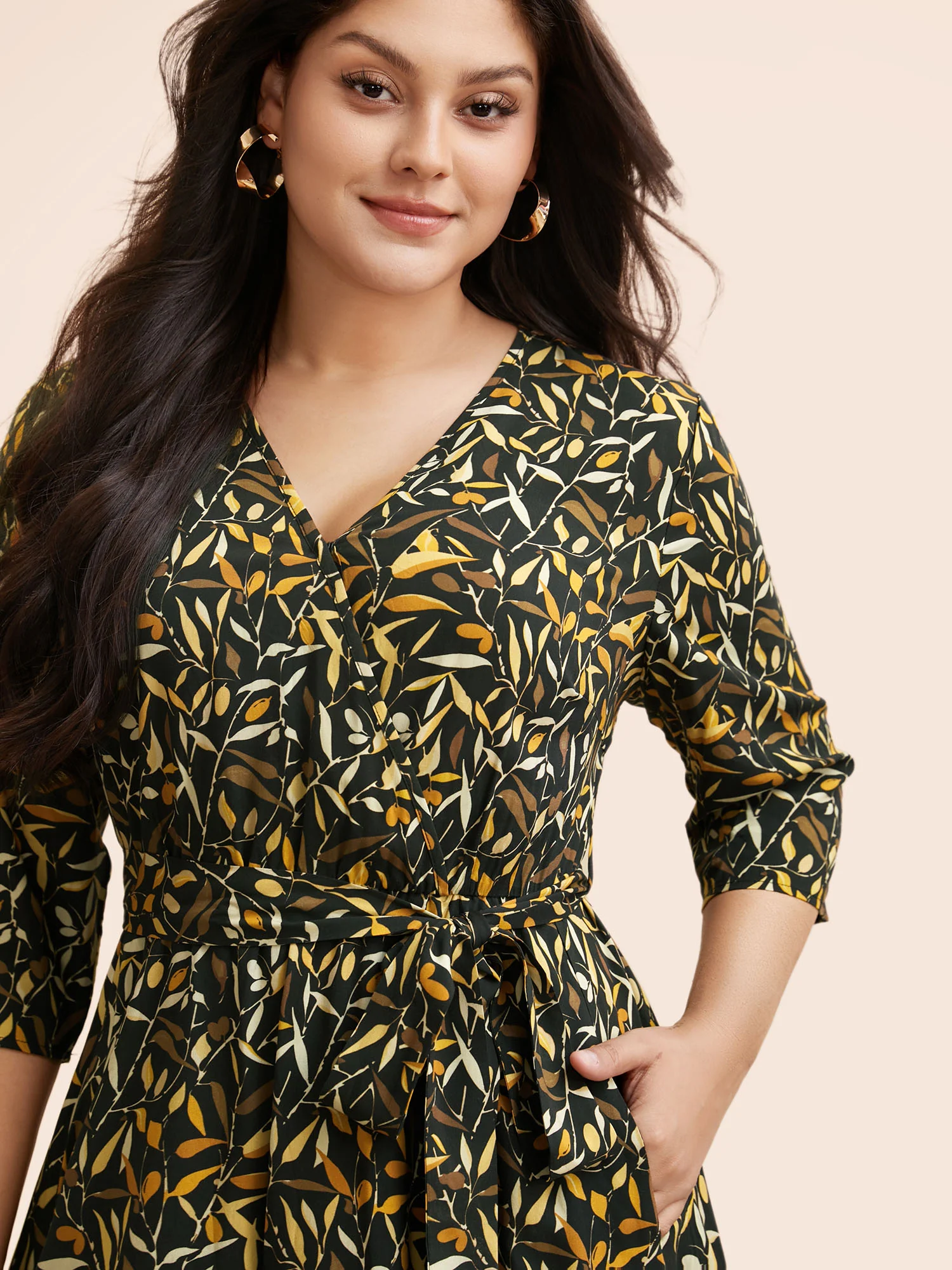 Plants Print Overlap Collar Midi Dress - Image 4