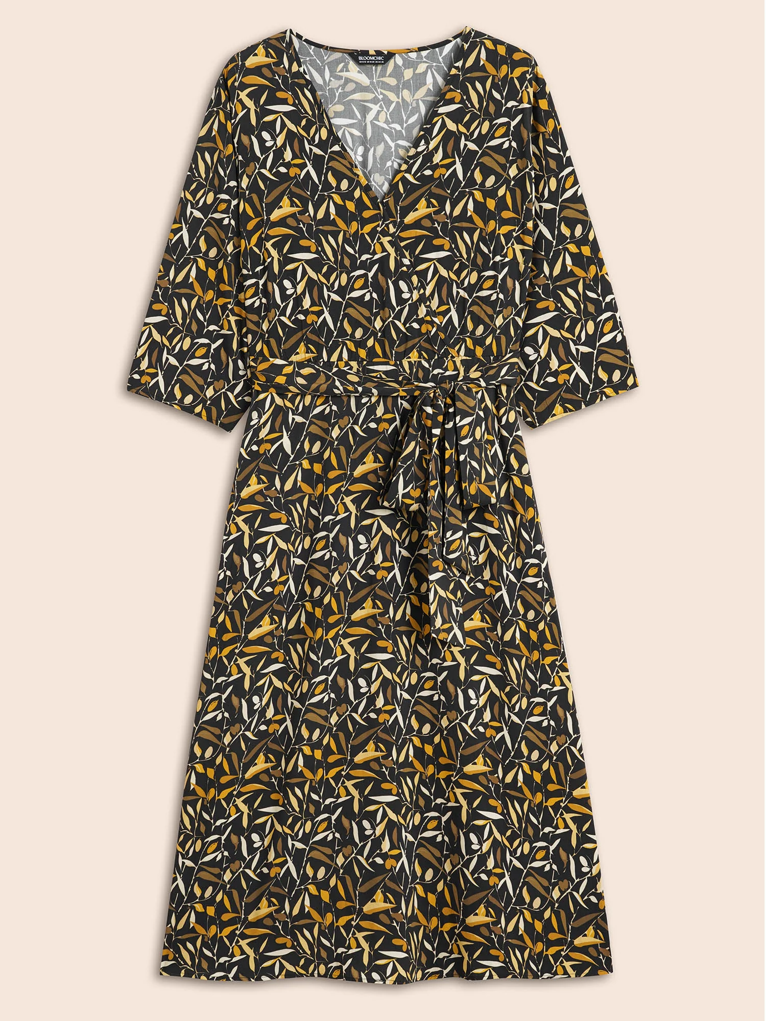 Plants Print Overlap Collar Midi Dress - Image 7