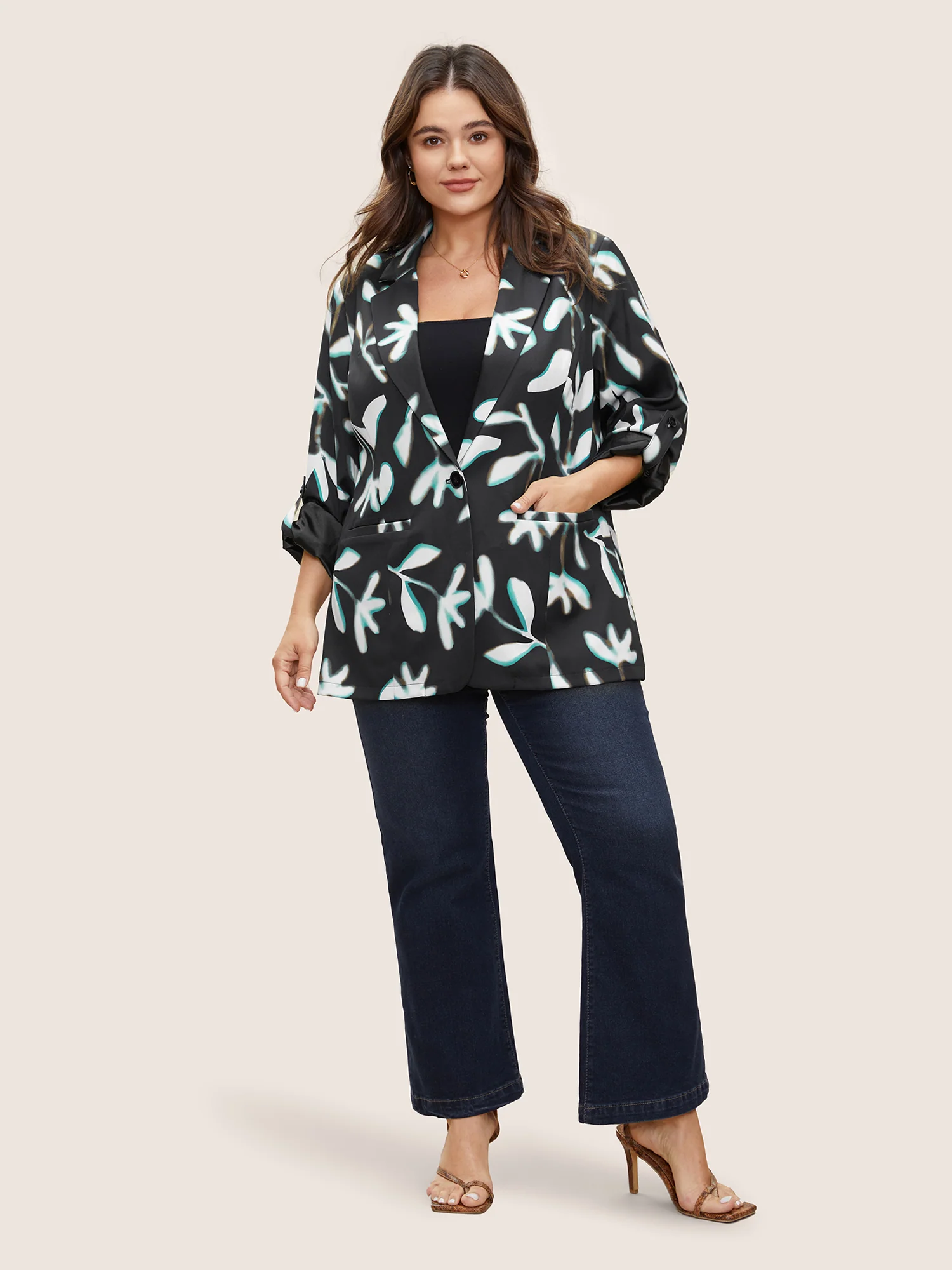 Plants Print Suit Collar Button Up Tab Sleeve Blazer - Image 2