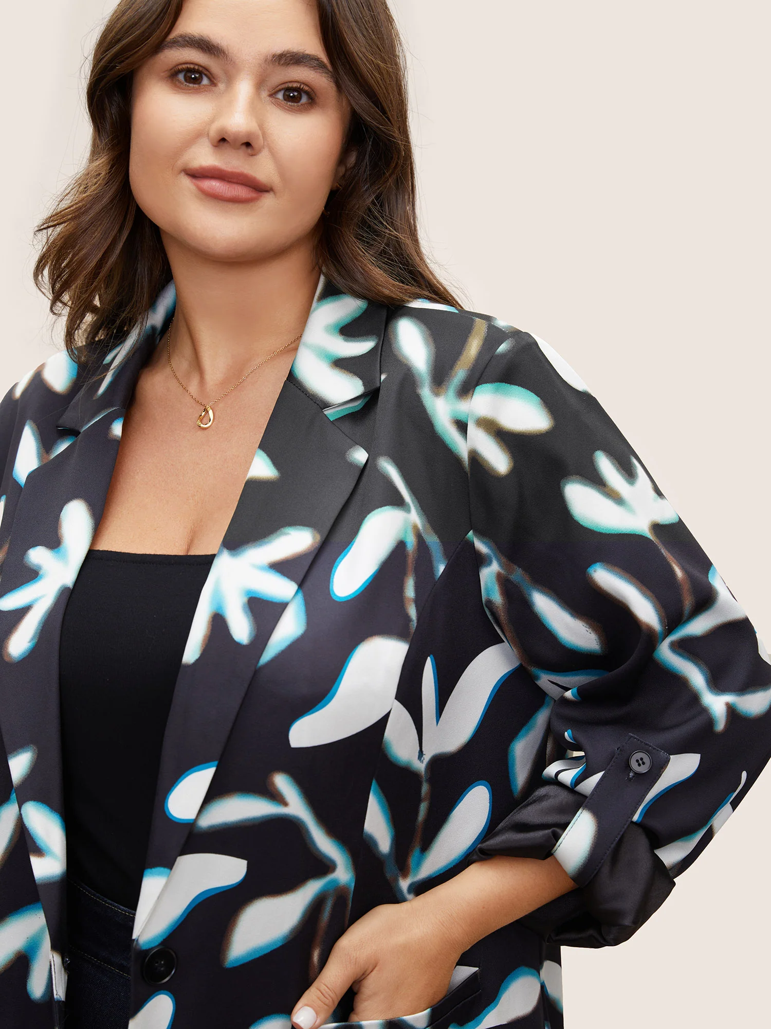 Plants Print Suit Collar Button Up Tab Sleeve Blazer - Image 3