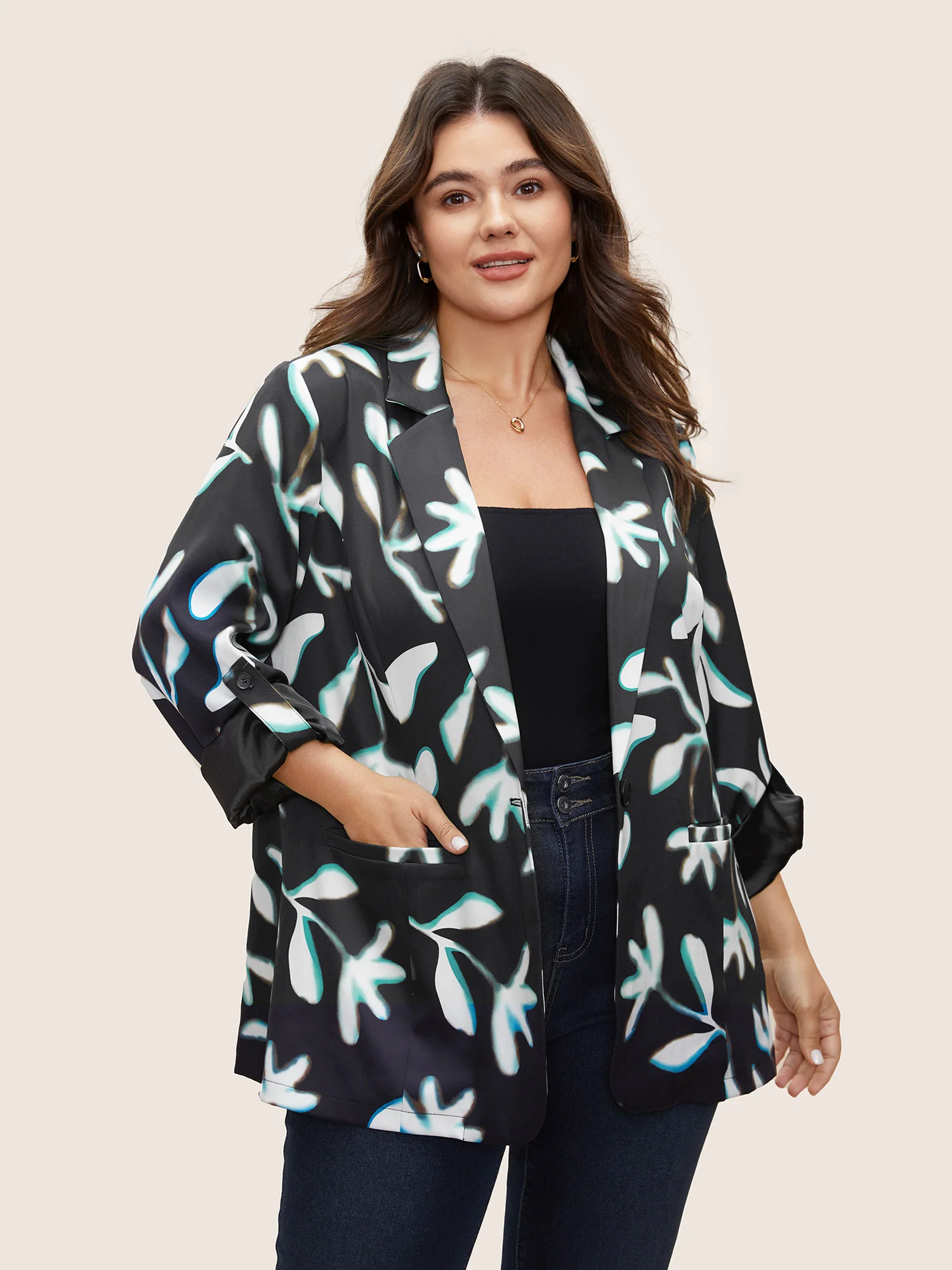Plants Print Suit Collar Button Up Tab Sleeve Blazer - Image 4