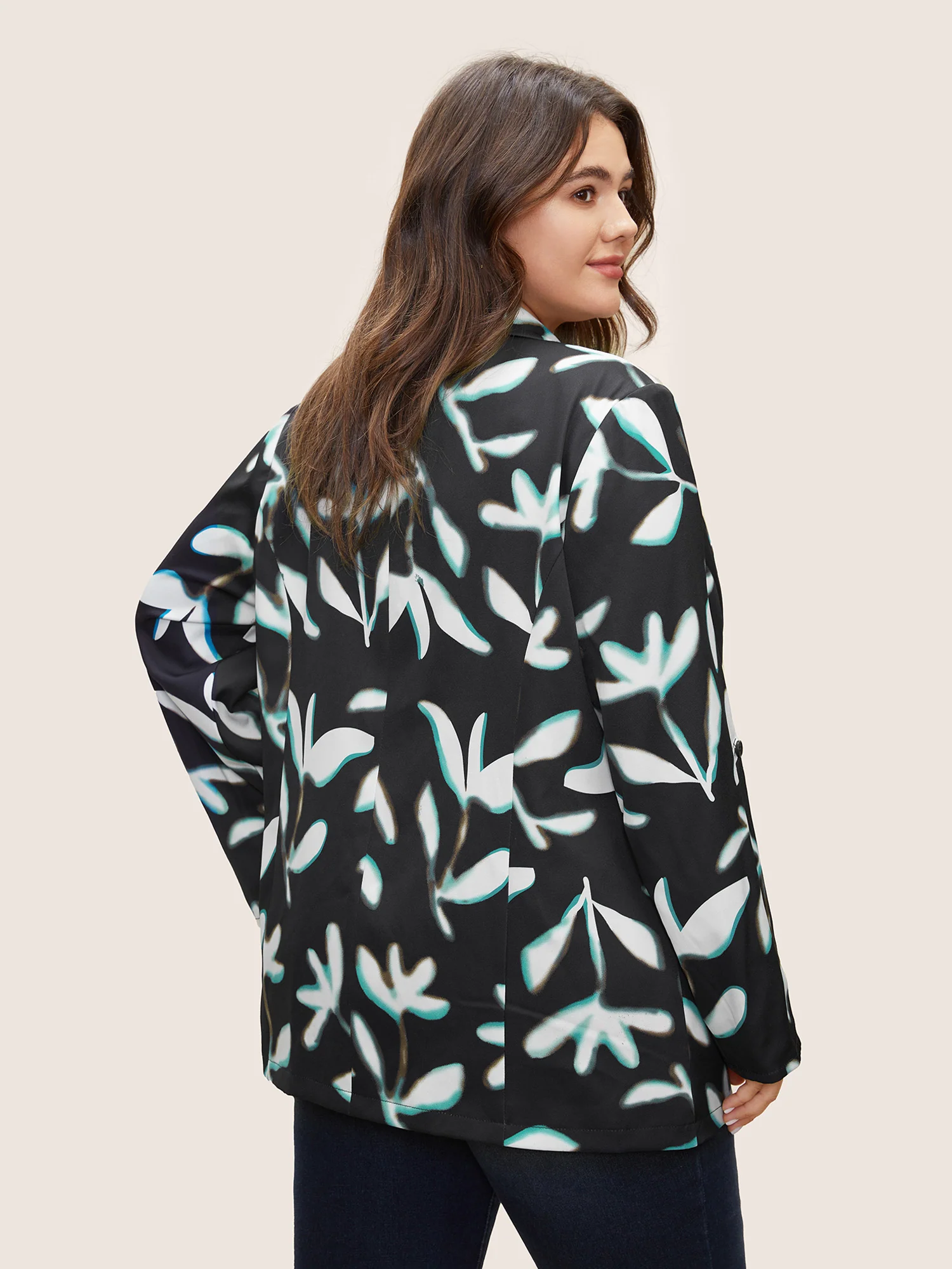 Plants Print Suit Collar Button Up Tab Sleeve Blazer - Image 5