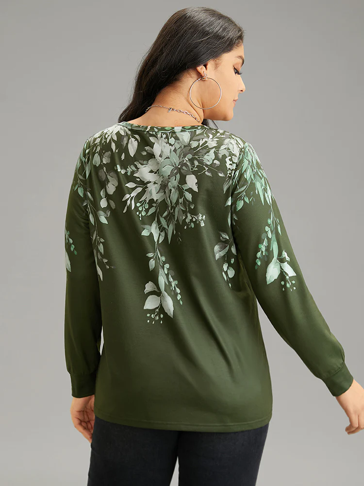 Plants Print V Neck Elastic Cuffs Sweatshirt - Image 2