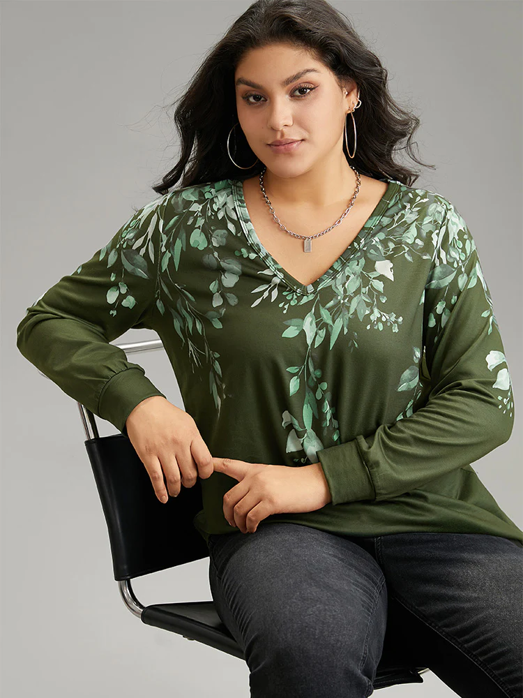 Plants Print V Neck Elastic Cuffs Sweatshirt - Image 3