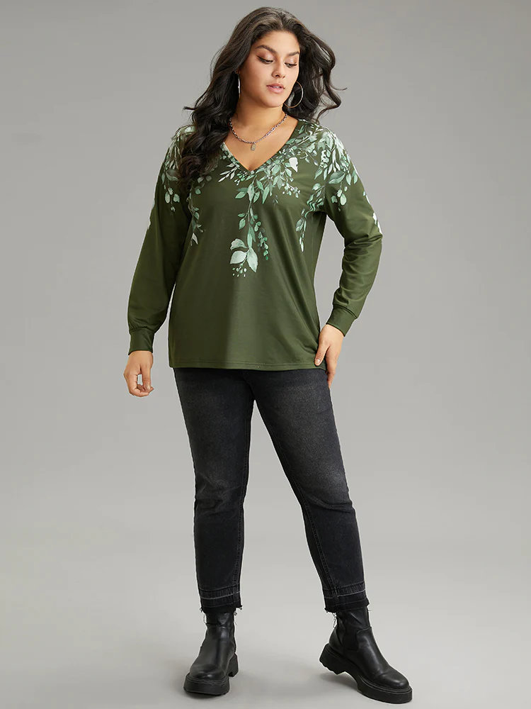 Plants Print V Neck Elastic Cuffs Sweatshirt - Image 4