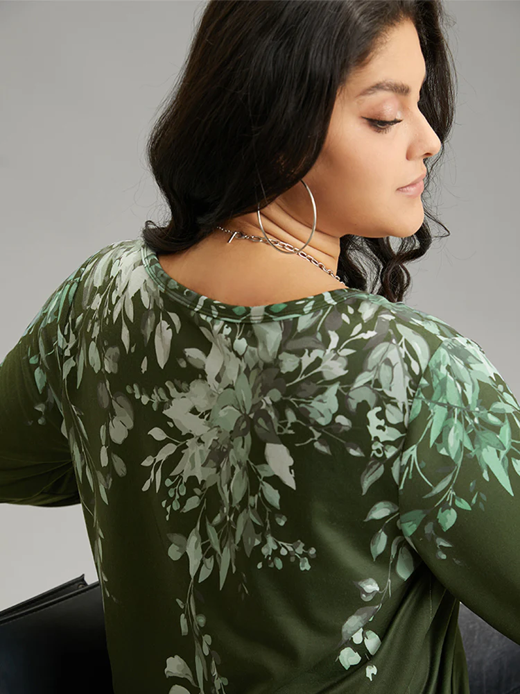 Plants Print V Neck Elastic Cuffs Sweatshirt - Image 5