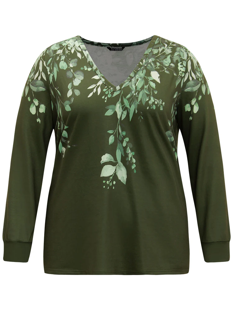 Plants Print V Neck Elastic Cuffs Sweatshirt - Image 6