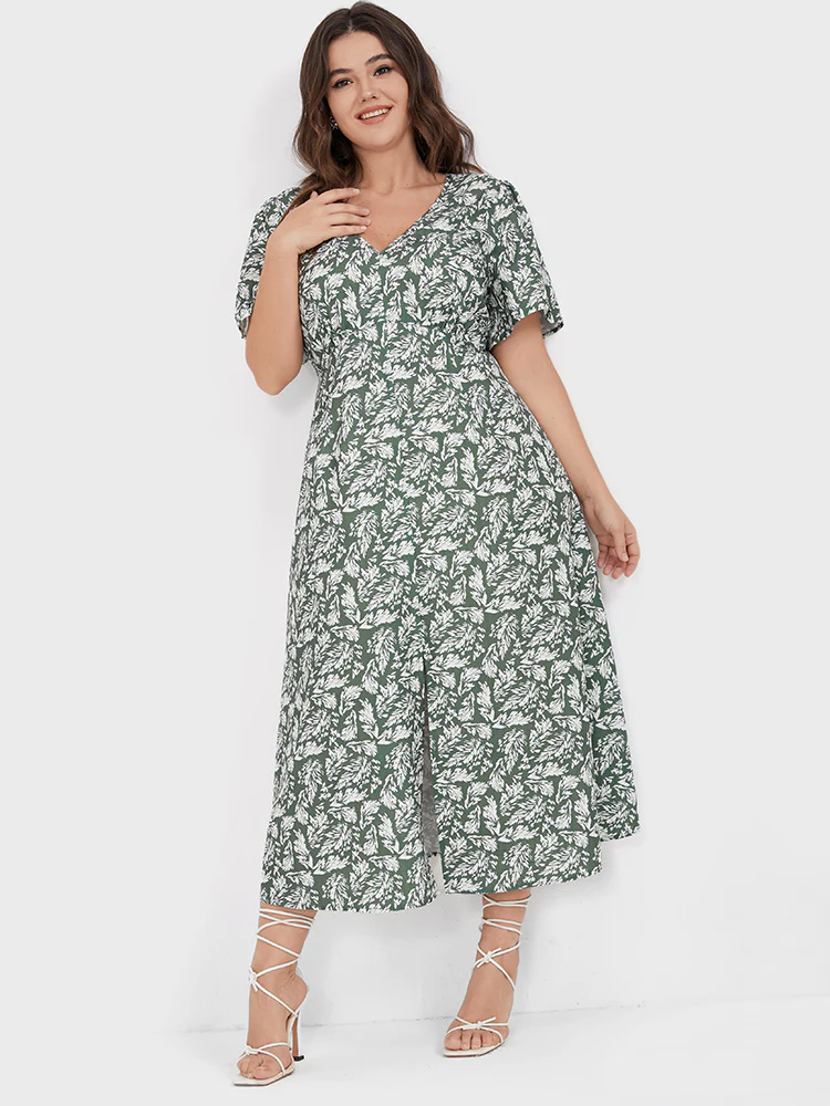 Plants Printed V Neck Ruffles Split Midi Dress - Image 3