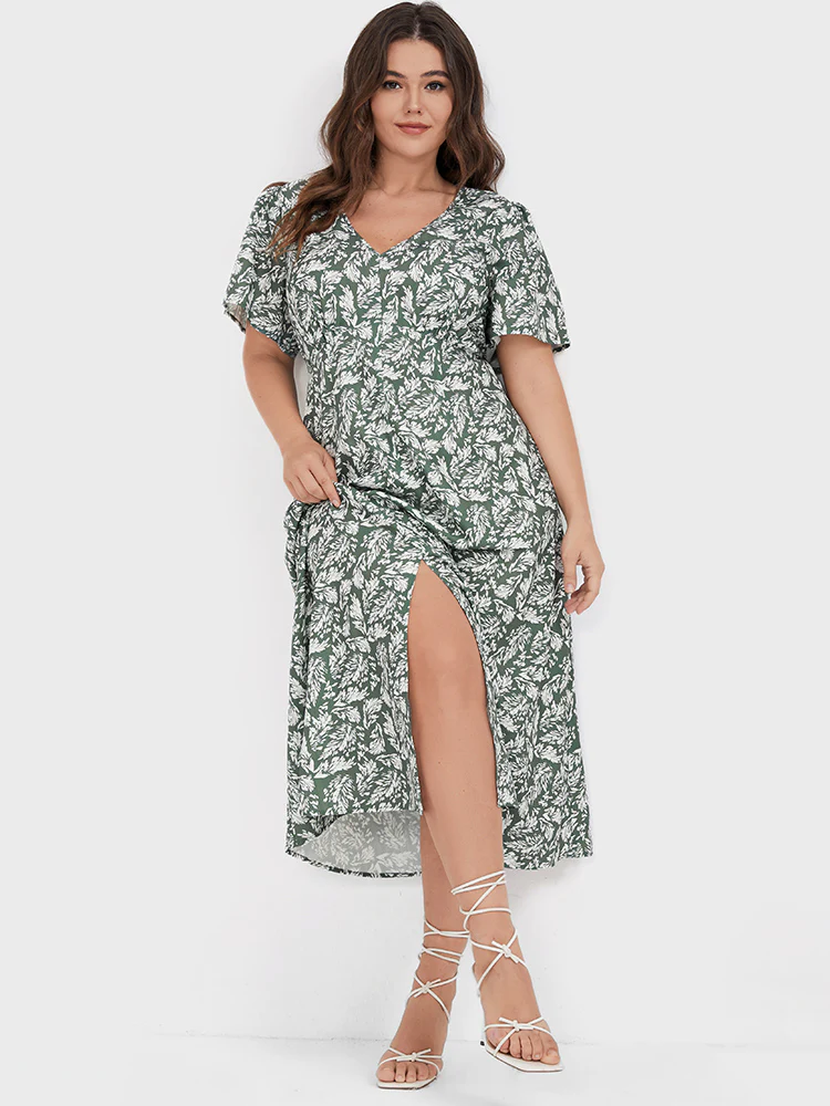 Plants Printed V Neck Ruffles Split Midi Dress - Image 4