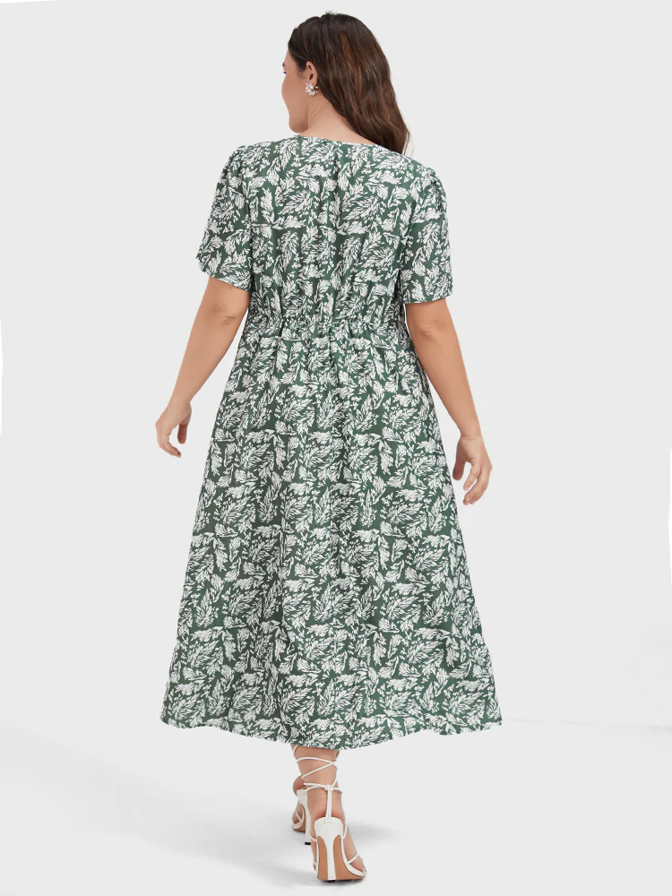 Plants Printed V Neck Ruffles Split Midi Dress - Image 5