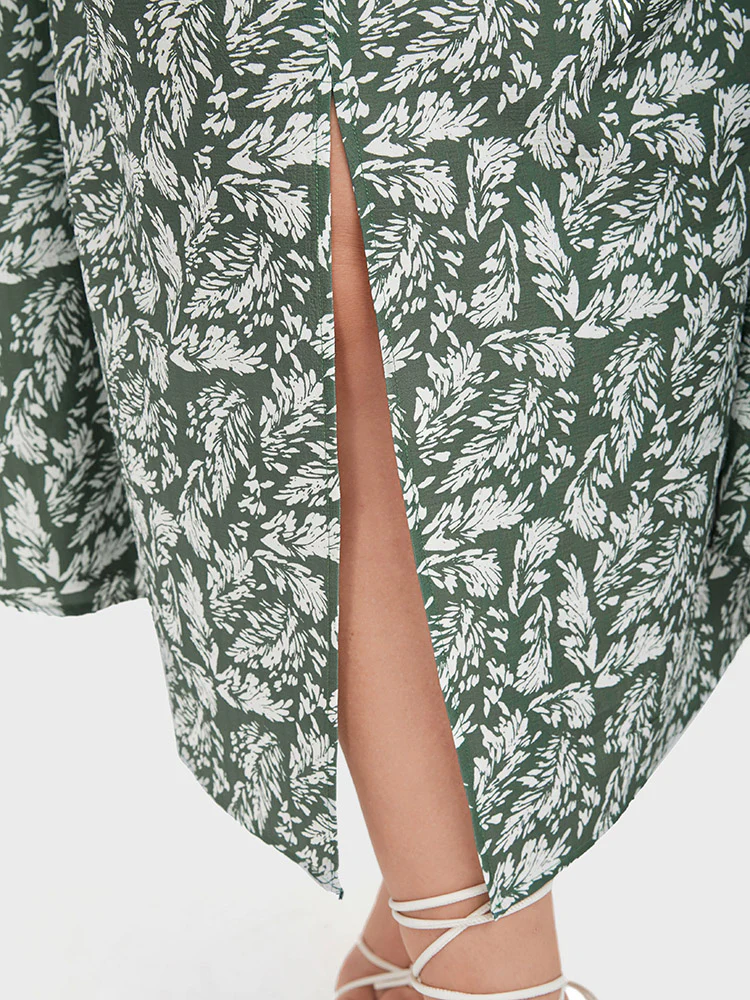 Plants Printed V Neck Ruffles Split Midi Dress - Image 7