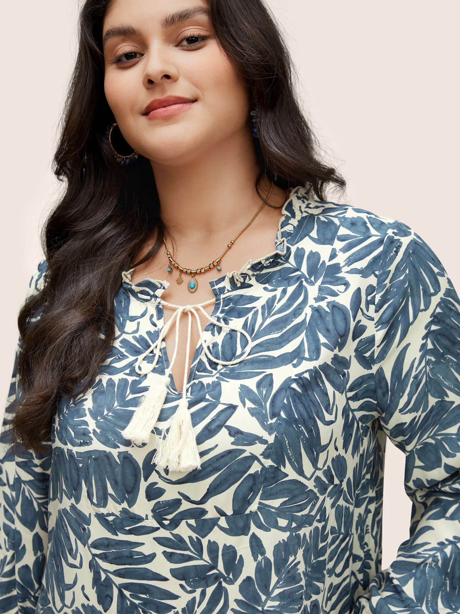 Plants Tassel Trim Tie Neck Rayon Blouse - Image 2