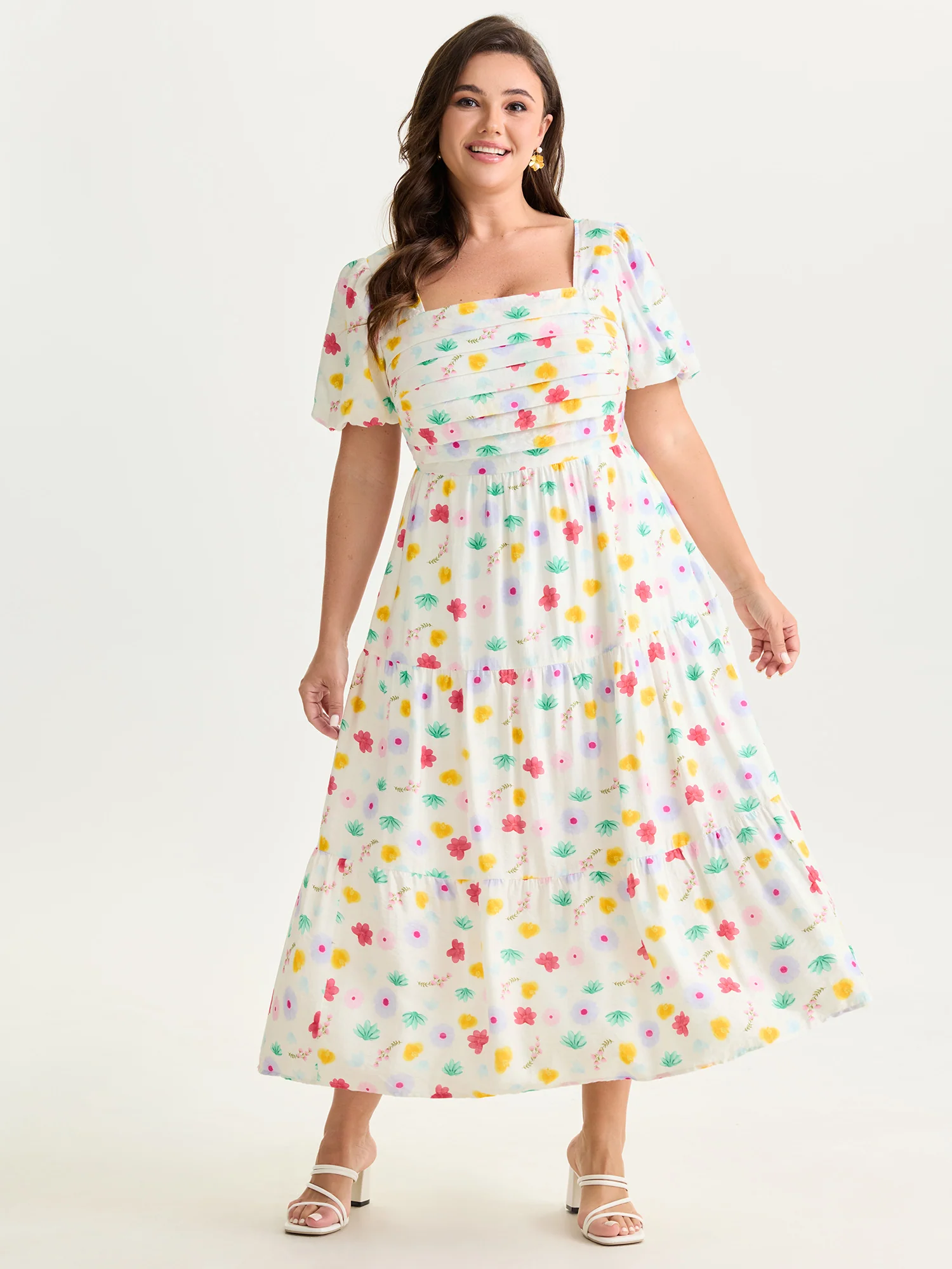 Playful Floral Print Pleated Flowy Midi Dress - Image 3