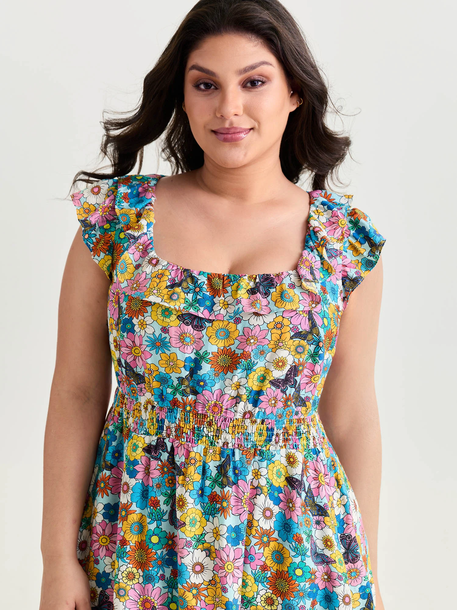 Playful Floral Print Ruffled Straps Midi Dress - Image 2