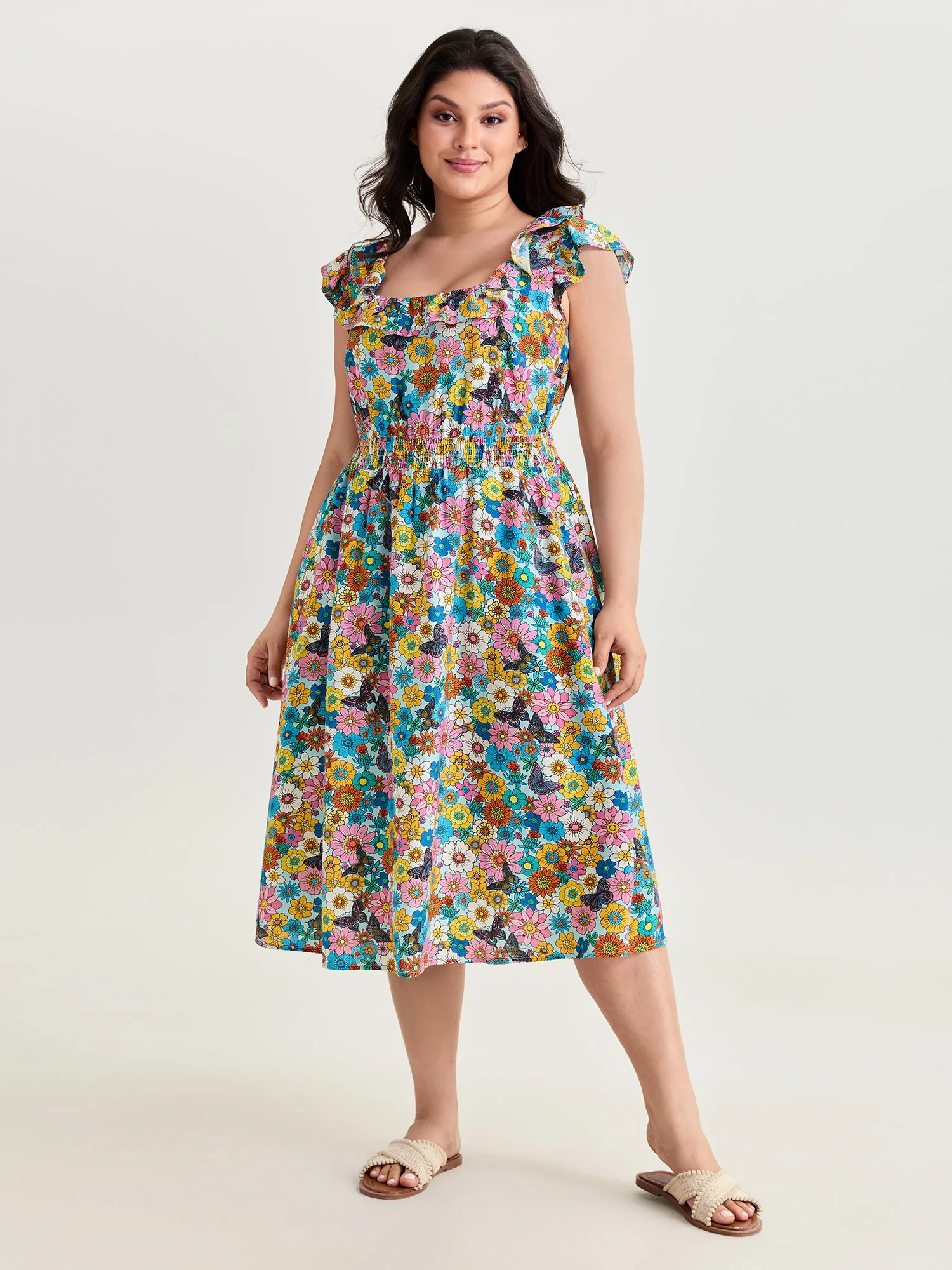 Playful Floral Print Ruffled Straps Midi Dress - Image 3